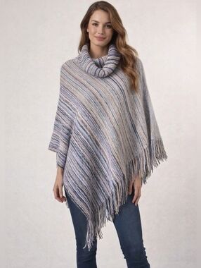 Coco Carmen Poncho Knit Fringe Boho Striped Asymmetrical One Size